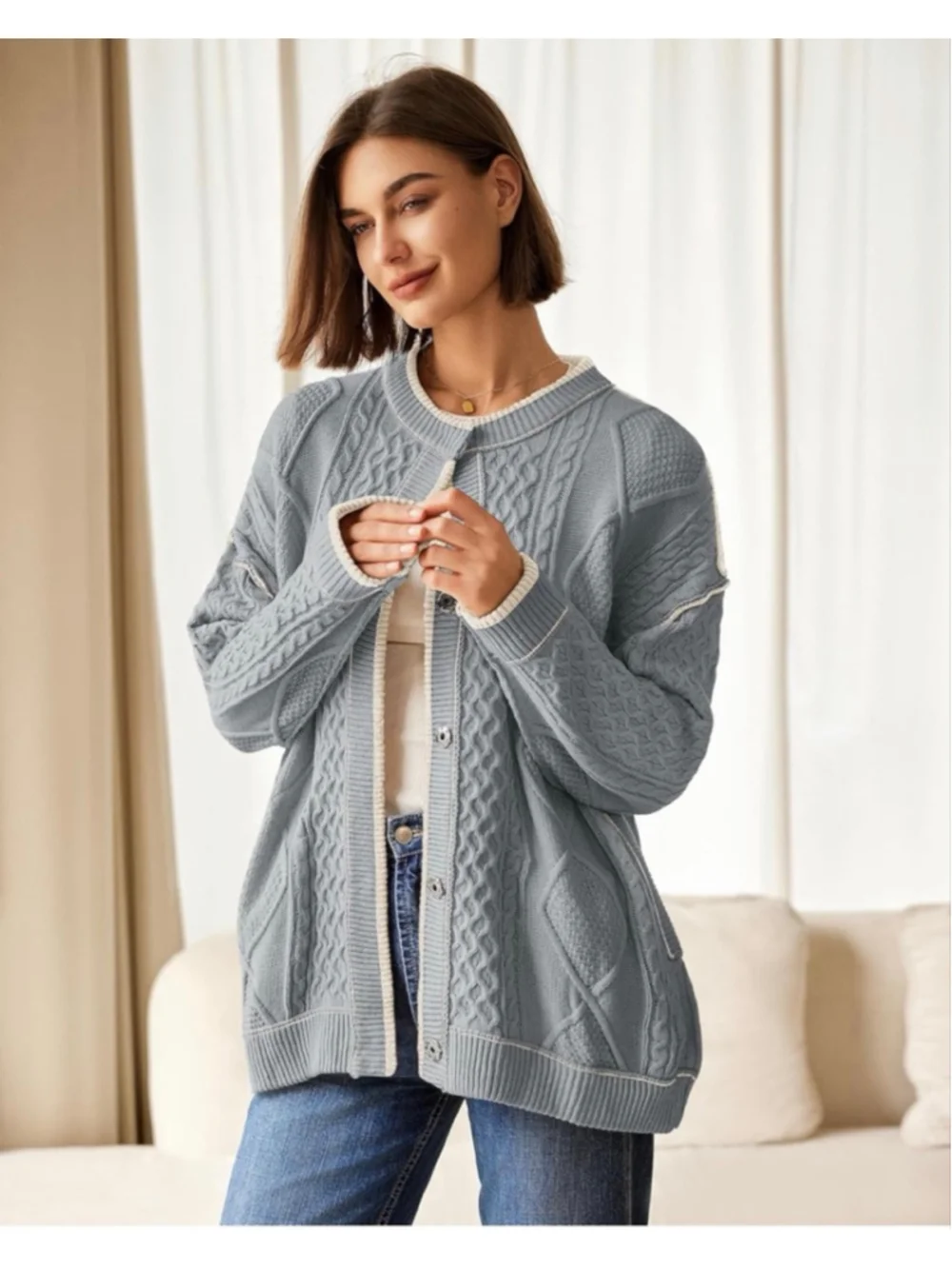 NEW Cable Knit Oversized Cardigan Button Up Striped Sweater S